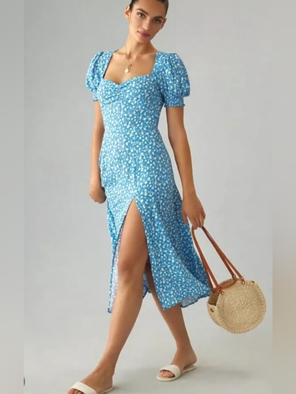 Reformation Lacey Blue and White Floral Sweetheart Neck Puff Sleeve Midi Dress 0